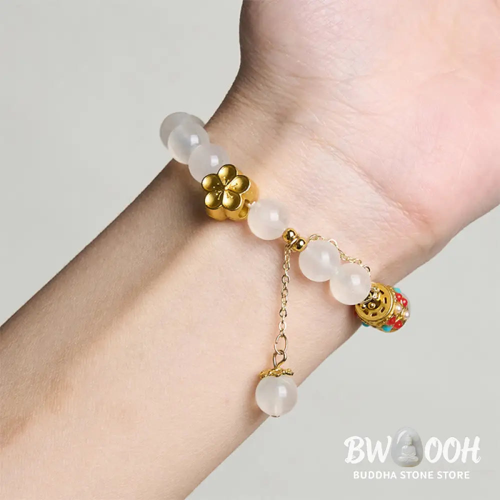 Buddha Stones Tibetan White Agate Crystal Stone Flowers Positivity Bracelet - Bracelet