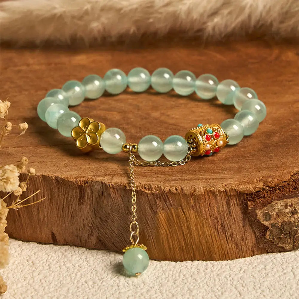 Buddha Stones Tibetan White Agate Crystal Stone Flowers Positivity Bracelet - Blue Crystal(Wrist Circumference:
