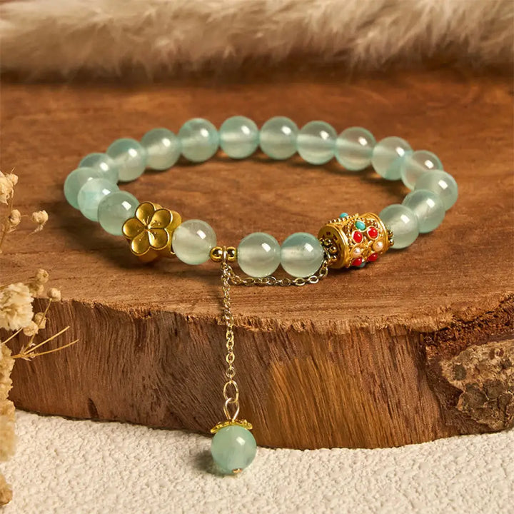 Buddha Stones Tibetan White Agate Crystal Stone Flowers Positivity Bracelet - Blue Crystal(Wrist Circumference: