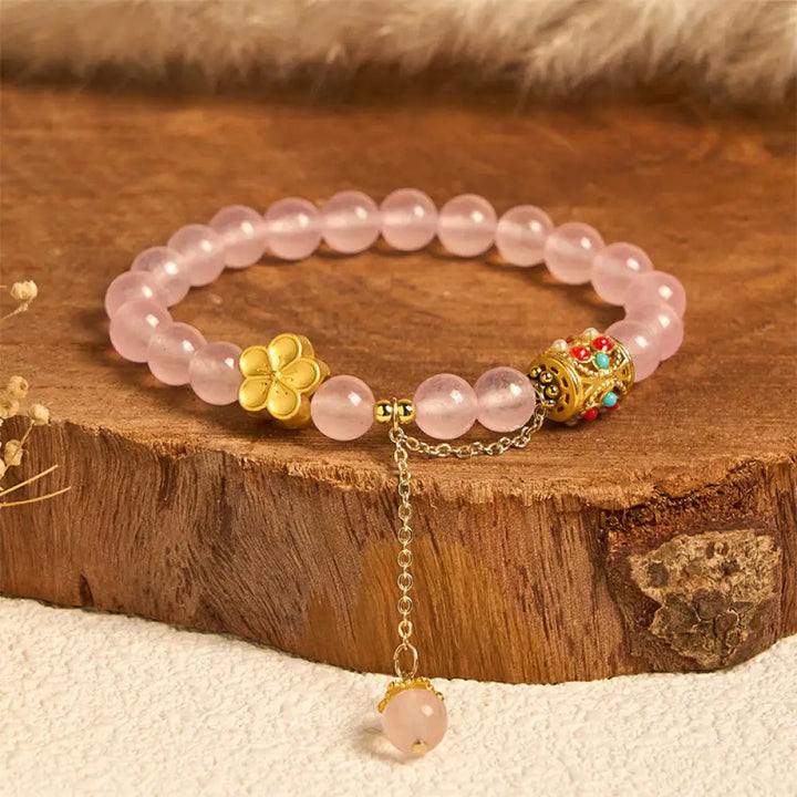 Buddha Stones Tibetan White Agate Crystal Stone Flowers Positivity Bracelet - Pink Crystal(Wrist Circumference: