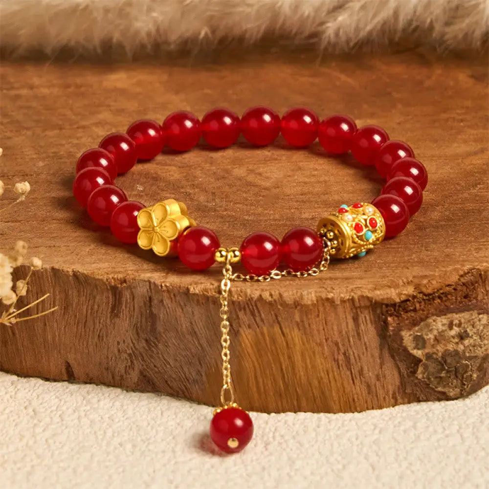 Buddha Stones Tibetan White Agate Crystal Stone Flowers Positivity Bracelet - Red Agate(Wrist Circumference: 14-16cm)