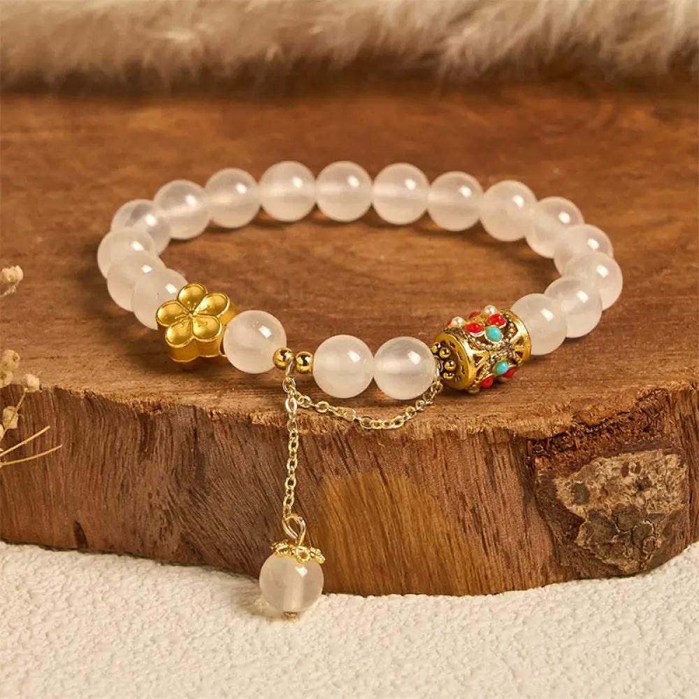 Buddha Stones Tibetan White Agate Crystal Stone Flowers Positivity Bracelet - White Agate(Wrist Circumference: 14-16cm)