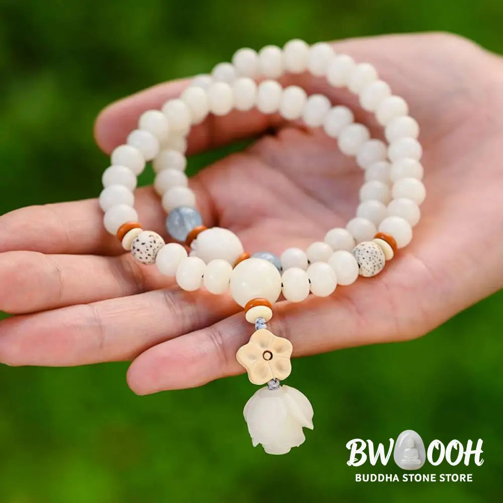 BWOOOH Tibetan White Jade Bodhi Lotus Blessing Bracelet | natural stone spiritual bracelet for healing and mindful living