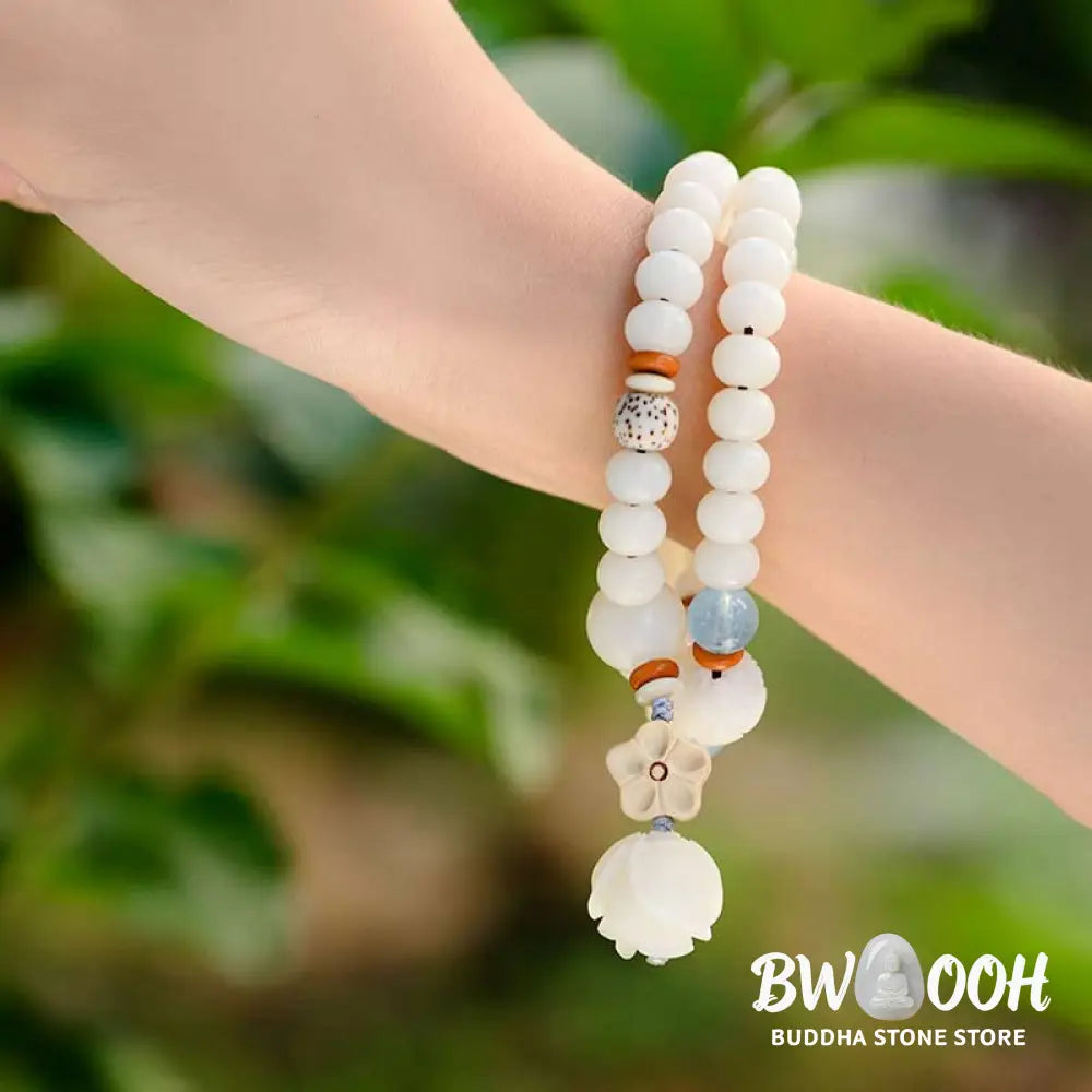 BWOOOH Tibetan White Jade Bodhi Lotus Blessing Bracelet | natural stone spiritual bracelet for healing and mindful living