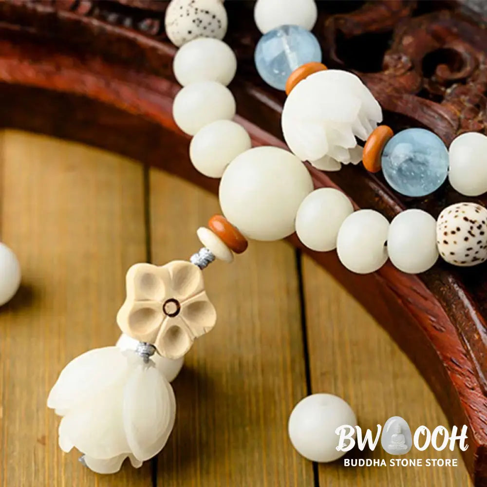 BWOOOH Tibetan White Jade Bodhi Lotus Blessing Bracelet | natural stone spiritual bracelet for healing and mindful living