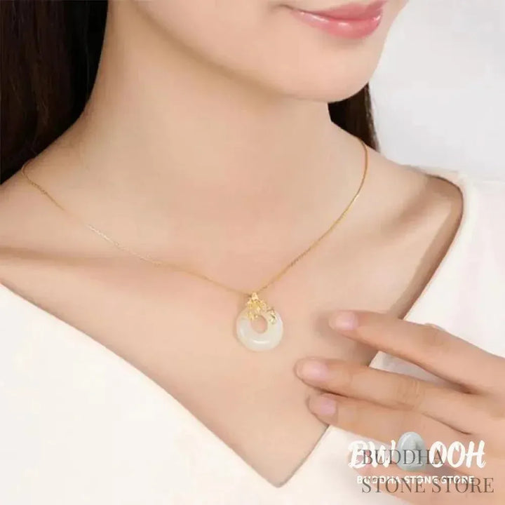 BWOOOH Tibetan White Jade Calm Necklace. A 45cm unisex amulet with natural white jade beads, handcrafted for spiritual protection, peace, and mental clarity. - View 4