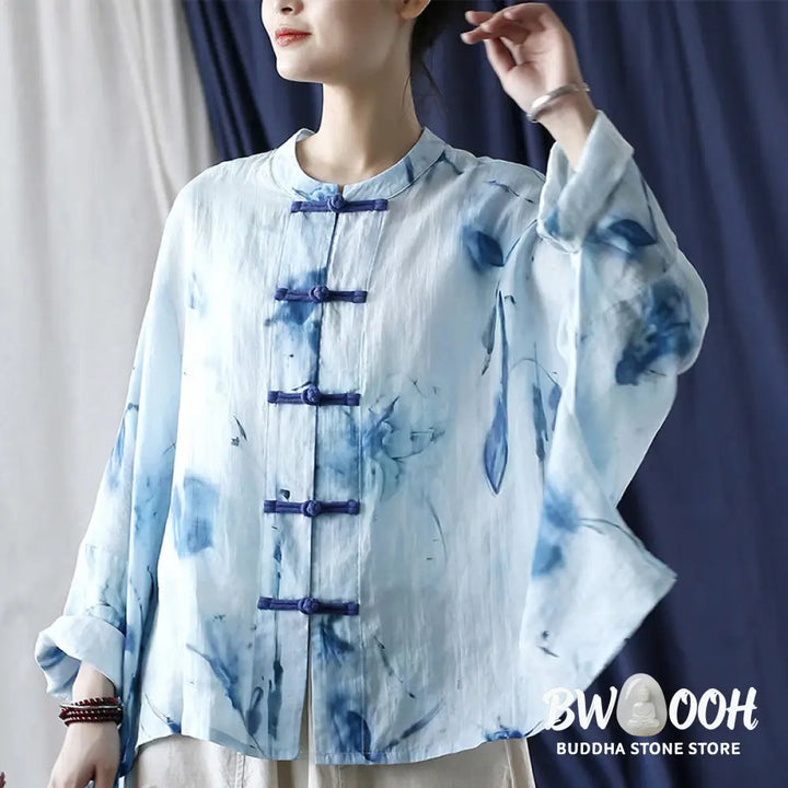 Buddha Stones Tie Dye Blue Flowers Frog-Button Design Long Sleeve Ramie Linen Jacket Shirt - F(Bust 174cm/Shoulder