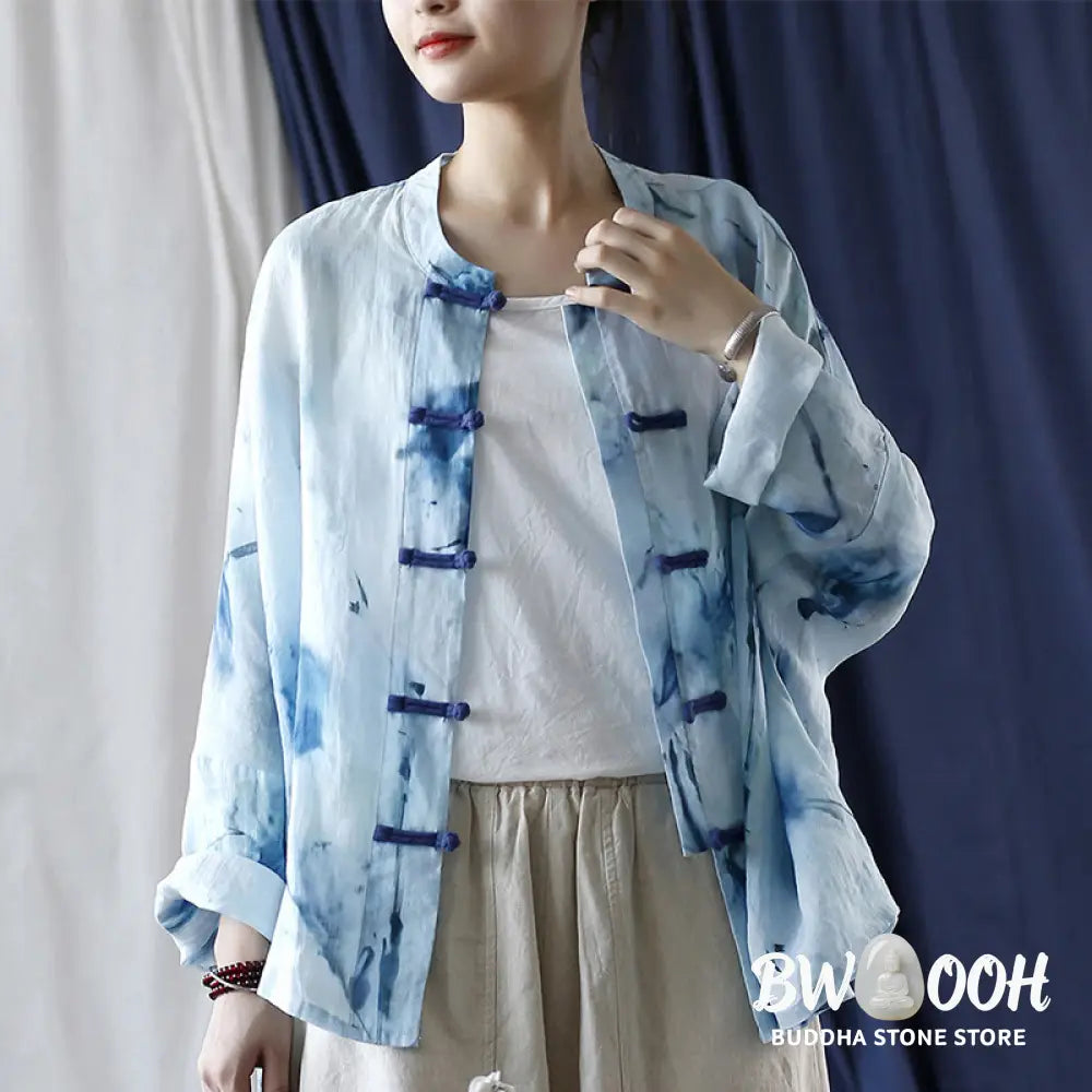 Buddha Stones Tie Dye Blue Flowers Frog-Button Design Long Sleeve Ramie Linen Jacket Shirt - F(Bust 174cm/Shoulder