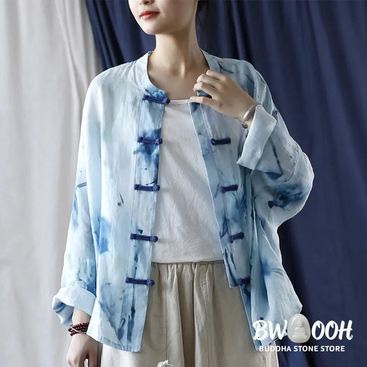 Buddha Stones Tie Dye Blue Flowers Frog-Button Design Long Sleeve Ramie Linen Jacket Shirt - F(Bust 174cm/Shoulder
