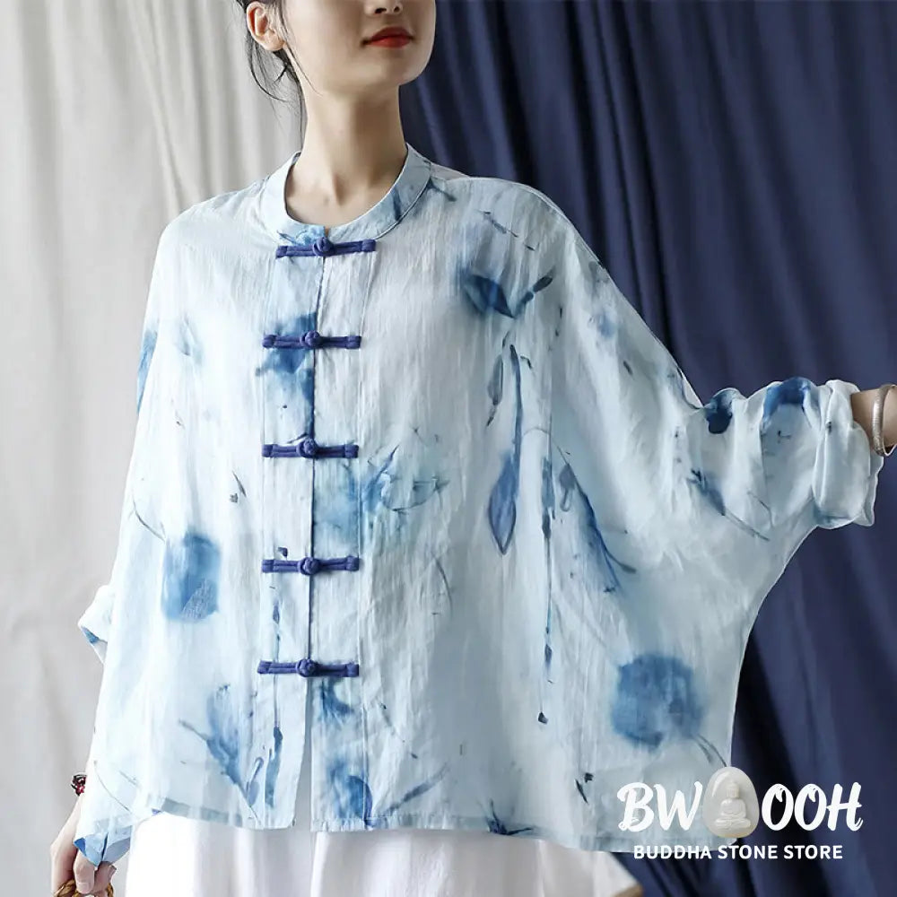 Buddha Stones Tie Dye Blue Flowers Frog-Button Design Long Sleeve Ramie Linen Jacket Shirt - F(Bust 174cm/Shoulder