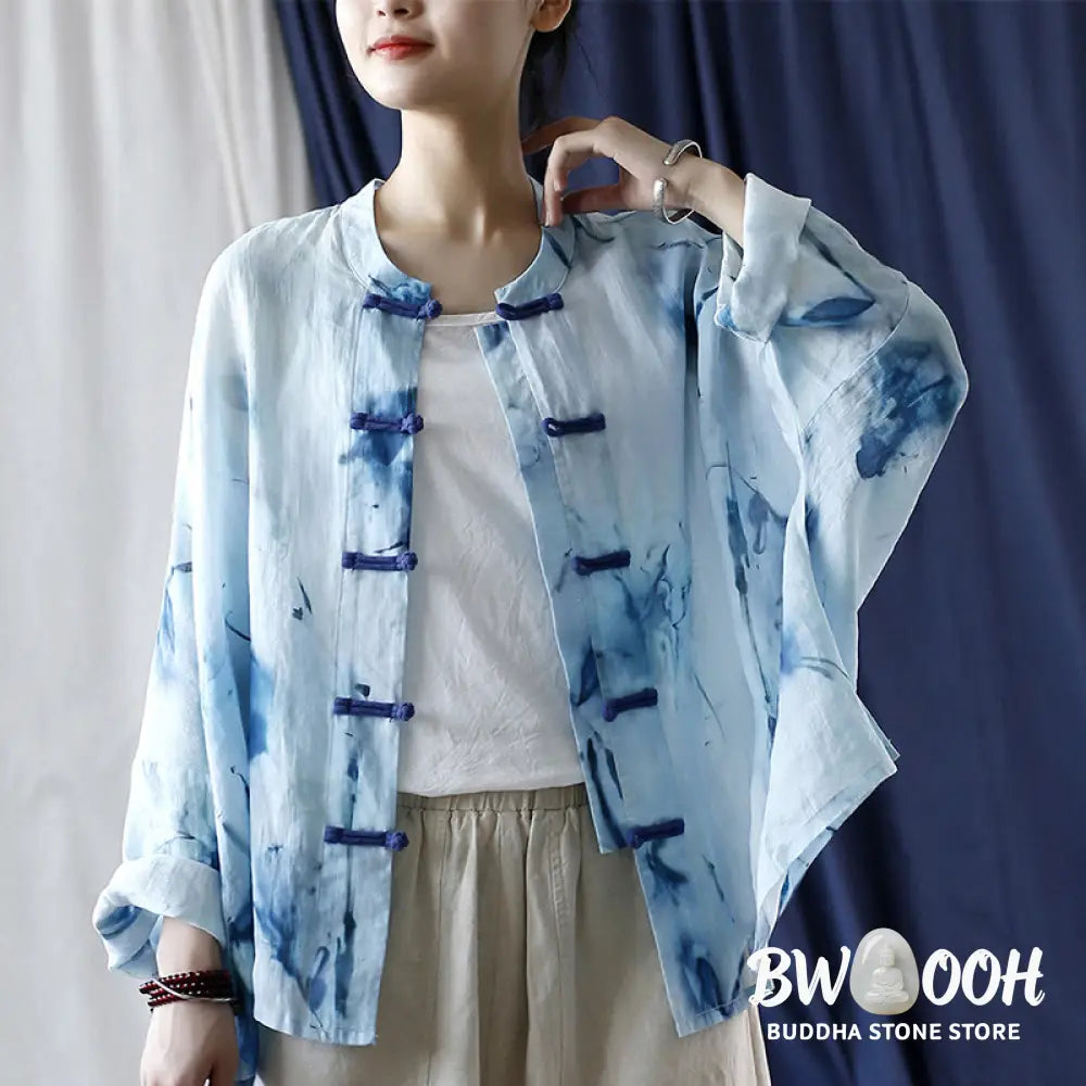 Buddha Stones Tie Dye Blue Flowers Frog-Button Design Long Sleeve Ramie Linen Jacket Shirt - F(Bust 174cm/Shoulder