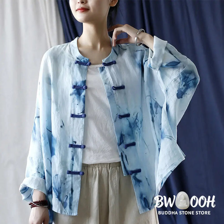 Buddha Stones Tie Dye Blue Flowers Frog-Button Design Long Sleeve Ramie Linen Jacket Shirt - F(Bust 174cm/Shoulder