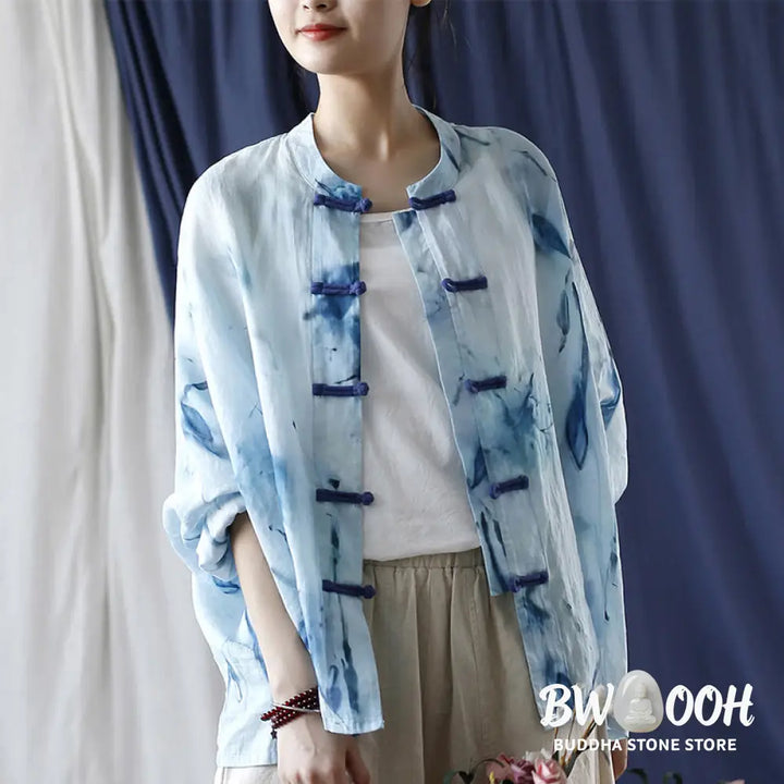 Buddha Stones Tie Dye Blue Flowers Frog-Button Design Long Sleeve Ramie Linen Jacket Shirt - F(Bust 174cm/Shoulder