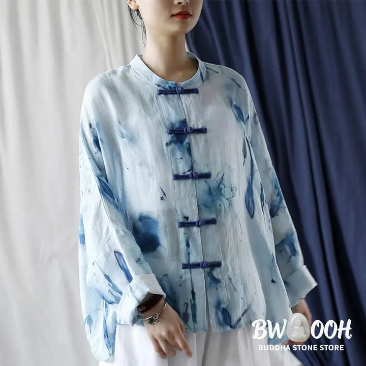 Buddha Stones Tie Dye Blue Flowers Frog-Button Design Long Sleeve Ramie Linen Jacket Shirt - F(Bust 174cm/Shoulder
