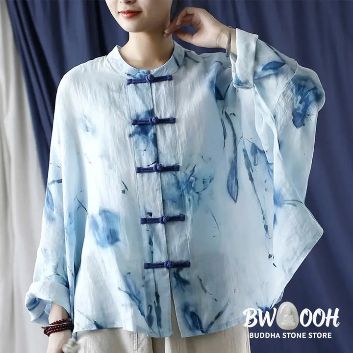 Buddha Stones Tie Dye Blue Flowers Frog-Button Design Long Sleeve Ramie Linen Jacket Shirt - F(Bust 174cm/Shoulder
