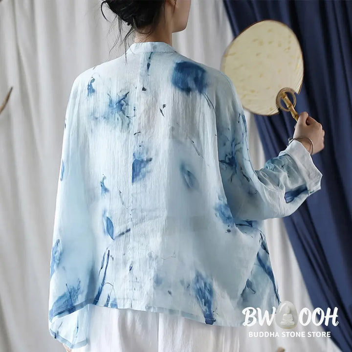 Buddha Stones Tie Dye Blue Flowers Frog-Button Design Long Sleeve Ramie Linen Jacket Shirt - F(Bust 174cm/Shoulder