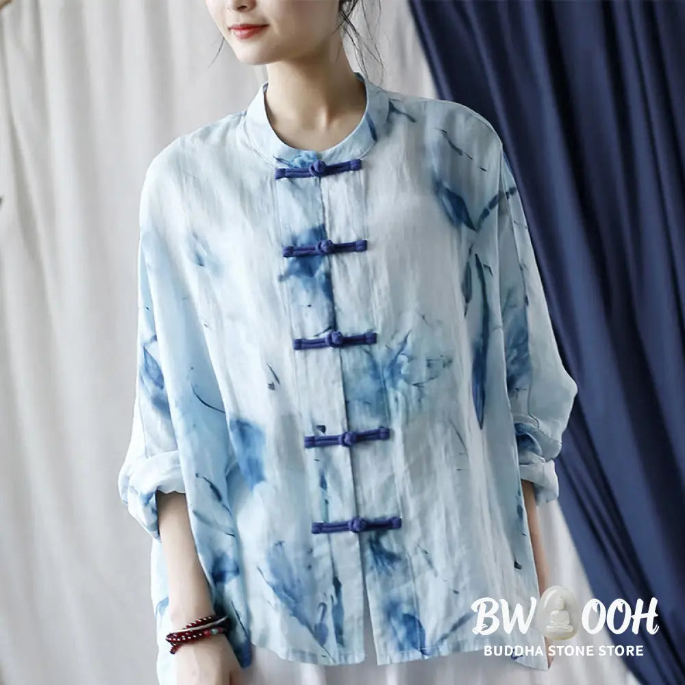 Buddha Stones Tie Dye Blue Flowers Frog-Button Design Long Sleeve Ramie Linen Jacket Shirt - F(Bust 174cm/Shoulder