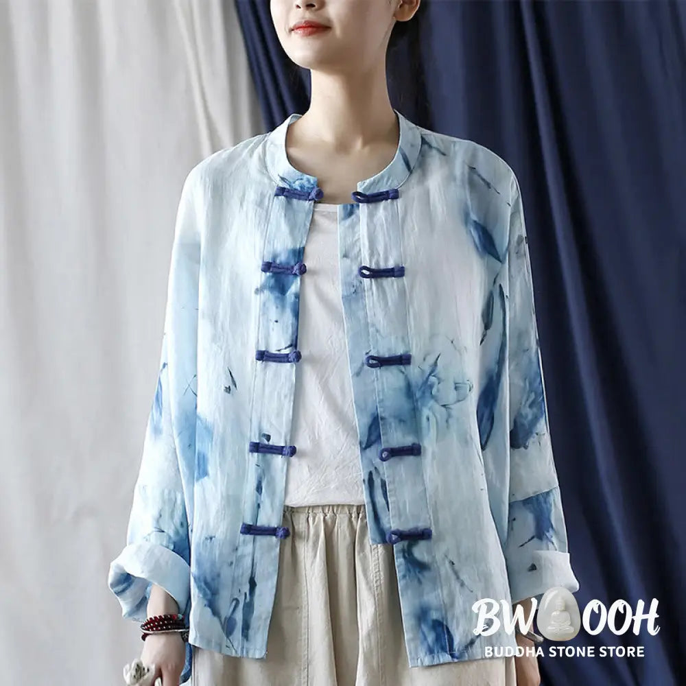 Buddha Stones Tie Dye Blue Flowers Frog-Button Design Long Sleeve Ramie Linen Jacket Shirt - F(Bust 174cm/Shoulder