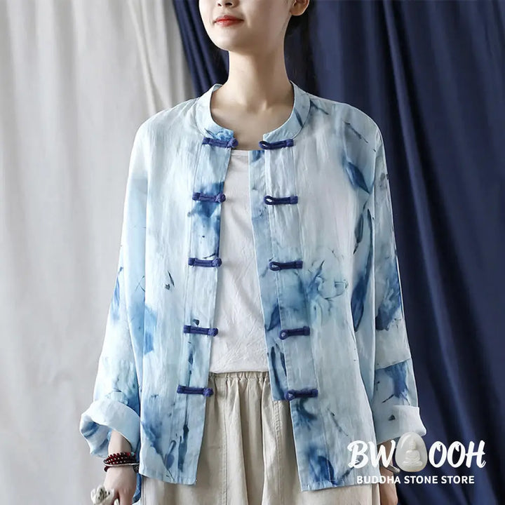 Buddha Stones Tie Dye Blue Flowers Frog-Button Design Long Sleeve Ramie Linen Jacket Shirt - F(Bust 174cm/Shoulder