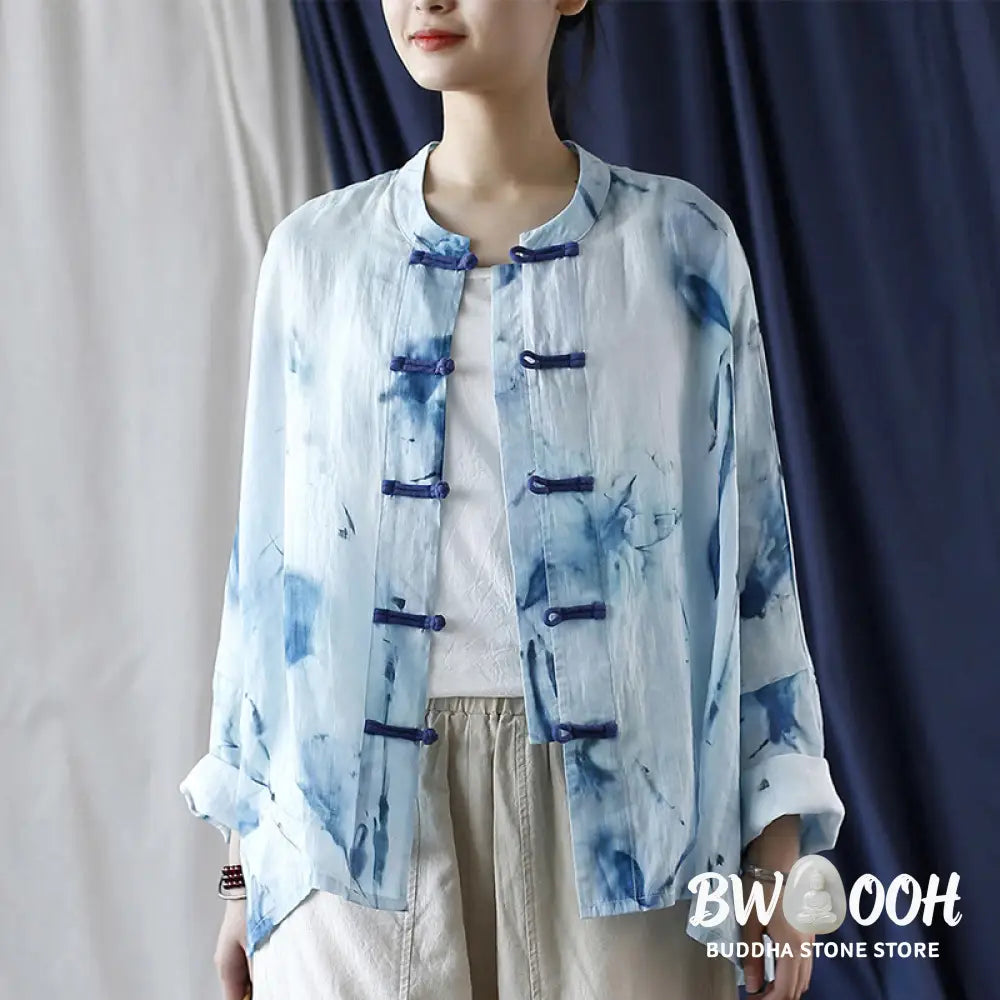 Buddha Stones Tie Dye Blue Flowers Frog-Button Design Long Sleeve Ramie Linen Jacket Shirt - F(Bust 174cm/Shoulder