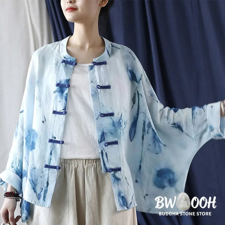 Buddha Stones Tie Dye Blue Flowers Frog-Button Design Long Sleeve Ramie Linen Jacket Shirt - F(Bust 174cm/Shoulder