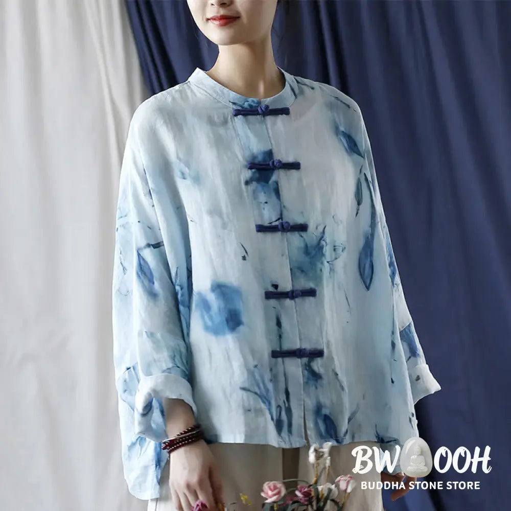 Buddha Stones Tie Dye Blue Flowers Frog-Button Design Long Sleeve Ramie Linen Jacket Shirt - F(Bust 174cm/Shoulder