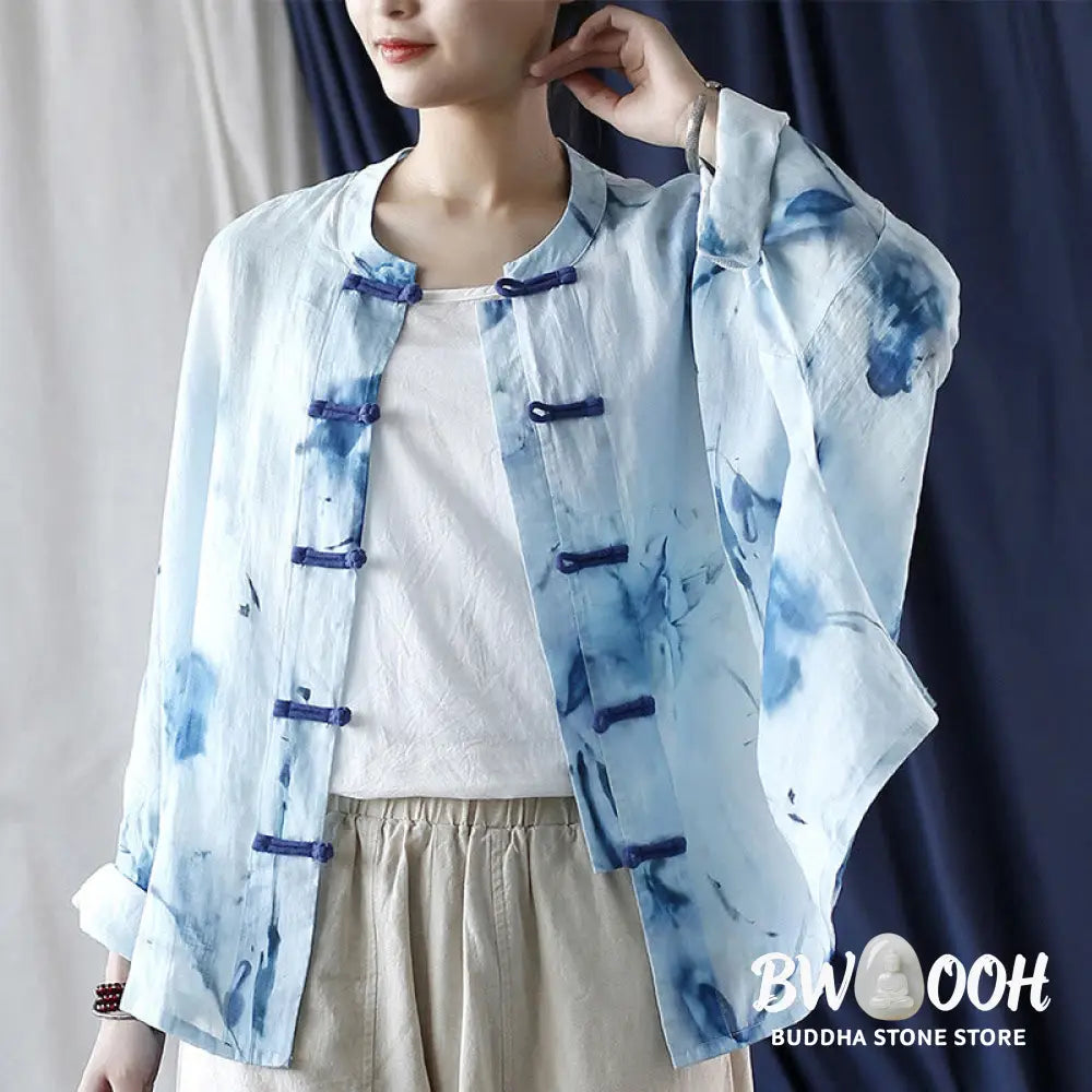 Buddha Stones Tie Dye Blue Flowers Frog-Button Design Long Sleeve Ramie Linen Jacket Shirt - F(Bust 174cm/Shoulder