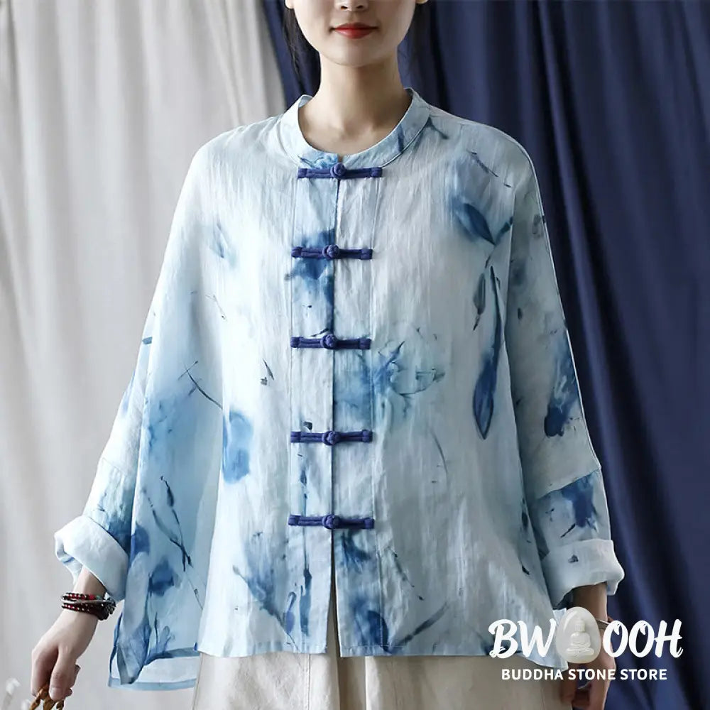 Buddha Stones Tie Dye Blue Flowers Frog-Button Design Long Sleeve Ramie Linen Jacket Shirt - F(Bust 174cm/Shoulder