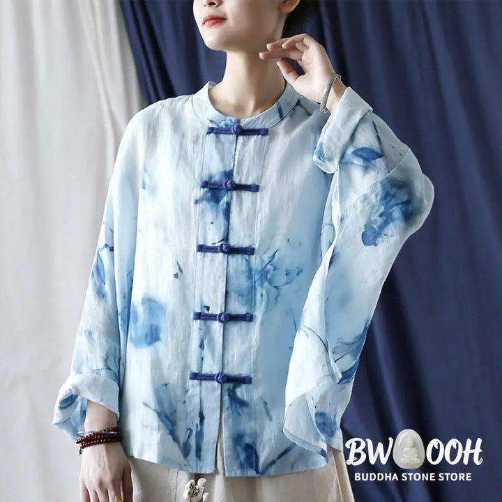 Buddha Stones Tie Dye Blue Flowers Frog-Button Design Long Sleeve Ramie Linen Jacket Shirt - F(Bust 174cm/Shoulder