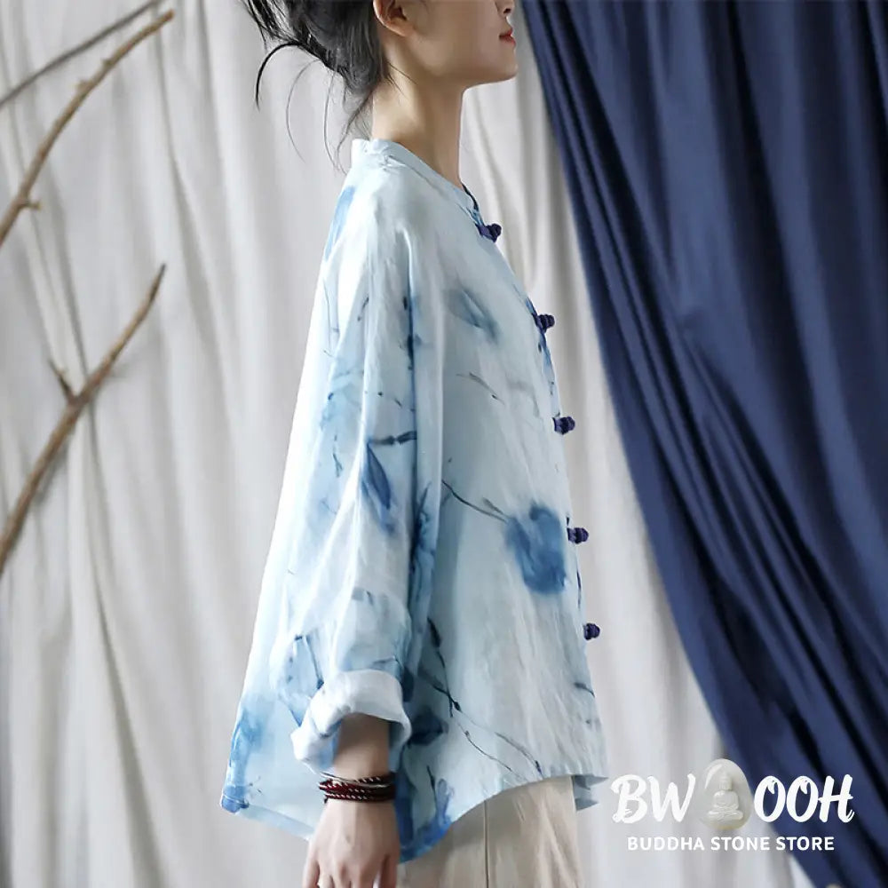 Buddha Stones Tie Dye Blue Flowers Frog-Button Design Long Sleeve Ramie Linen Jacket Shirt - F(Bust 174cm/Shoulder