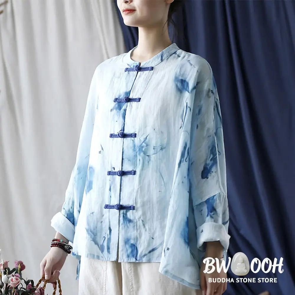 Buddha Stones Tie Dye Blue Flowers Frog-Button Design Long Sleeve Ramie Linen Jacket Shirt - F(Bust 174cm/Shoulder