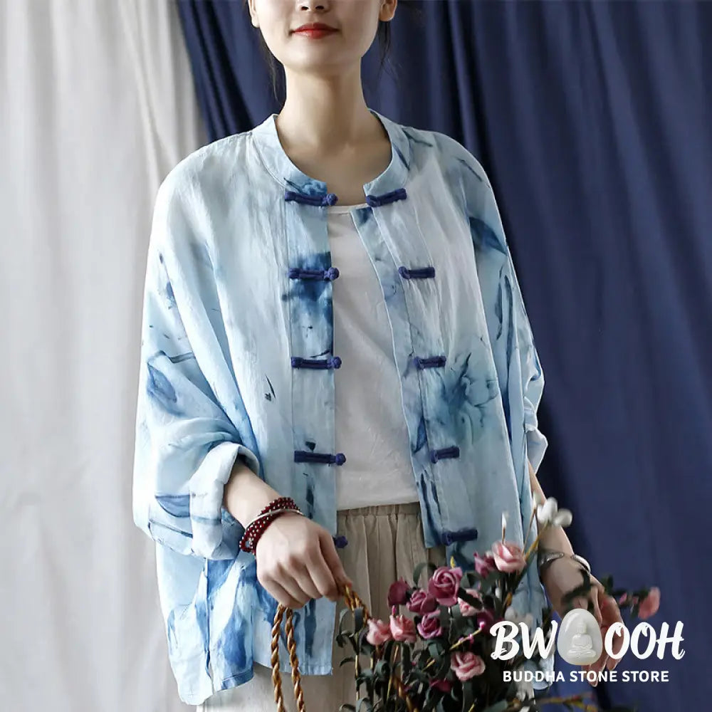 Buddha Stones Tie Dye Blue Flowers Frog-Button Design Long Sleeve Ramie Linen Jacket Shirt - F(Bust 174cm/Shoulder