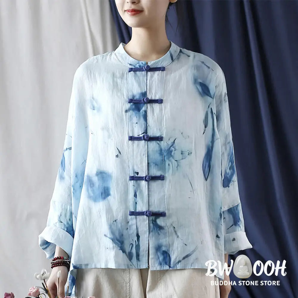 Buddha Stones Tie Dye Blue Flowers Frog-Button Design Long Sleeve Ramie Linen Jacket Shirt - F(Bust 174cm/Shoulder