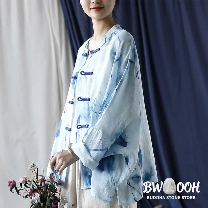 Buddha Stones Tie Dye Blue Flowers Frog-Button Design Long Sleeve Ramie Linen Jacket Shirt - F(Bust 174cm/Shoulder