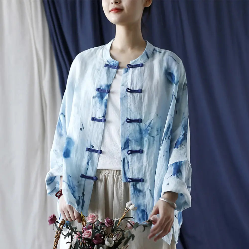 BWOOOH Tie Dye Blue Flowers Frog-Button Design Long Sleev