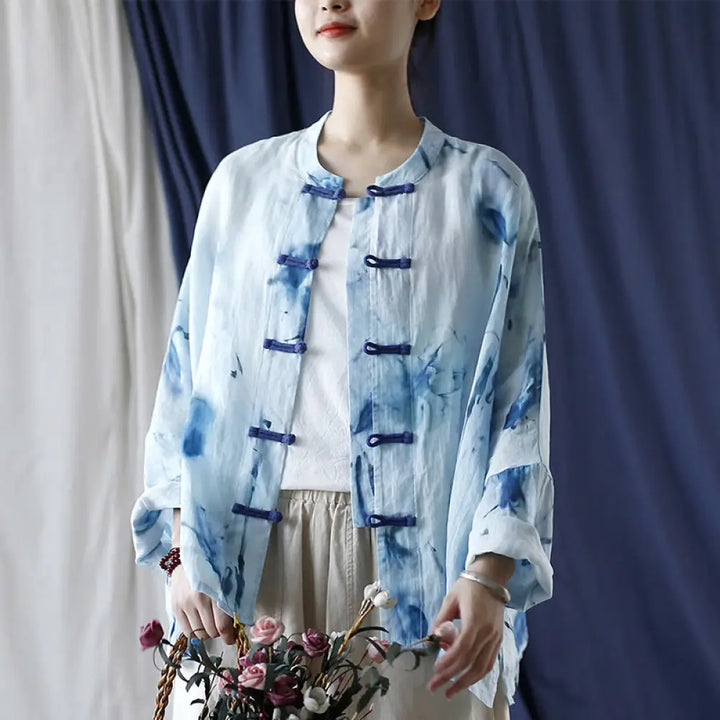 BWOOOH Tie Dye Blue Flowers Frog-Button Design Long Sleev