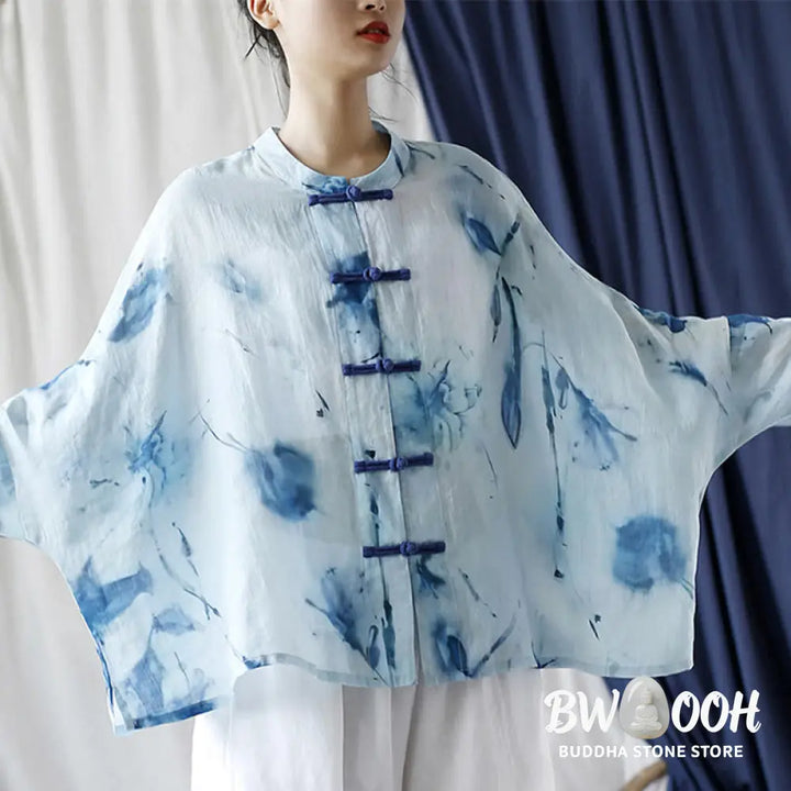 Buddha Stones Tie Dye Blue Flowers Frog-Button Design Long Sleeve Ramie Linen Jacket Shirt - F(Bust 174cm/Shoulder