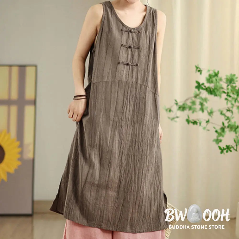 Buddha Stones Tie Dye Chinese Frog-Button Ramie Linen Sleeveless Midi Dress With Pockets - Midi Dress