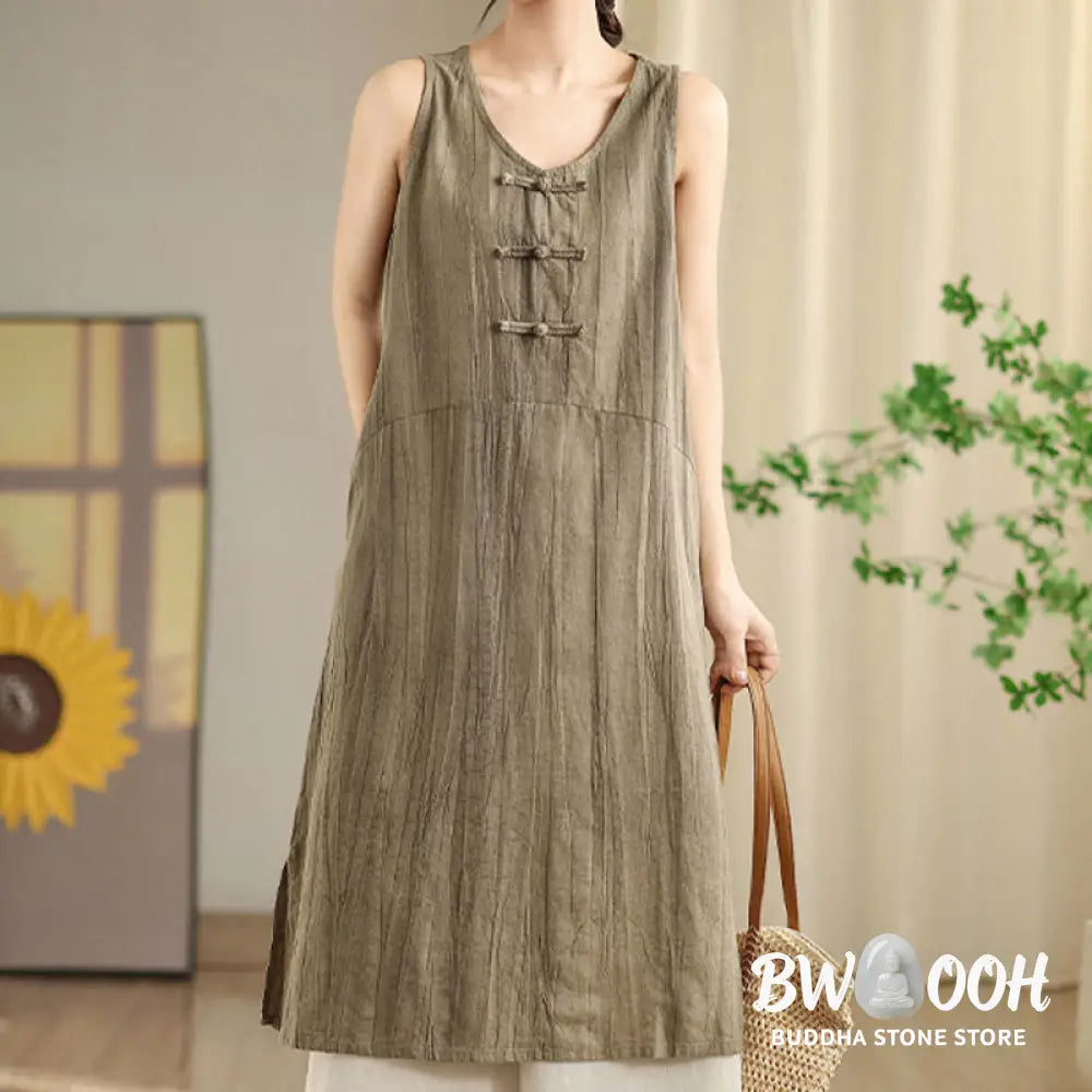 Buddha Stones Tie Dye Chinese Frog-Button Ramie Linen Sleeveless Midi Dress With Pockets - Midi Dress