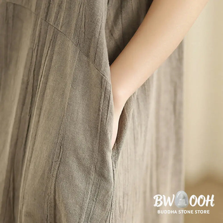 Buddha Stones Tie Dye Chinese Frog-Button Ramie Linen Sleeveless Midi Dress With Pockets - Midi Dress