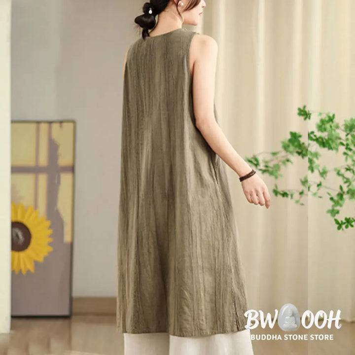 Buddha Stones Tie Dye Chinese Frog-Button Ramie Linen Sleeveless Midi Dress With Pockets - Midi Dress