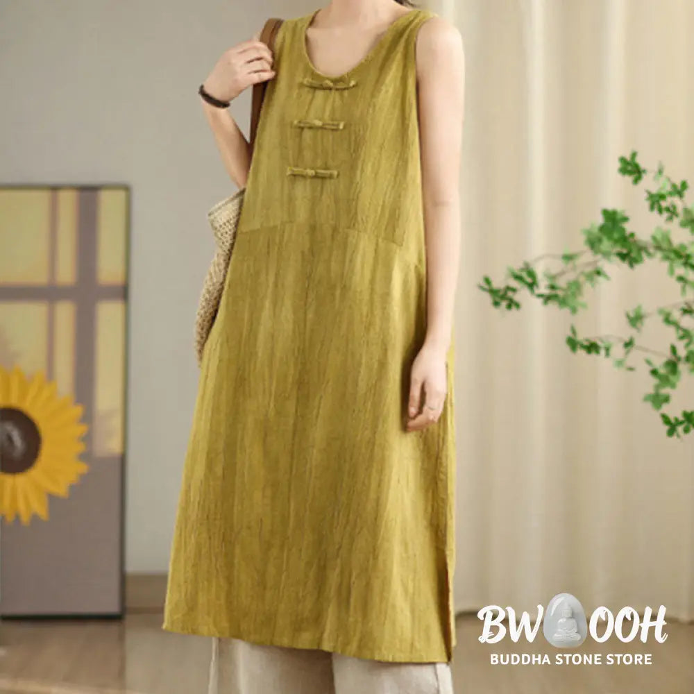 Buddha Stones Tie Dye Chinese Frog-Button Ramie Linen Sleeveless Midi Dress With Pockets - Midi Dress
