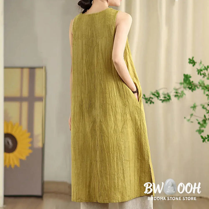 Buddha Stones Tie Dye Chinese Frog-Button Ramie Linen Sleeveless Midi Dress With Pockets - Midi Dress