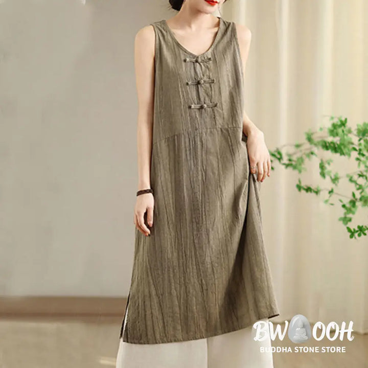 Buddha Stones Tie Dye Chinese Frog-Button Ramie Linen Sleeveless Midi Dress With Pockets - Midi Dress