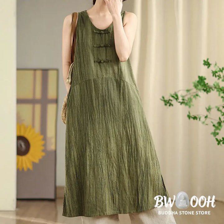 Buddha Stones Tie Dye Chinese Frog-Button Ramie Linen Sleeveless Midi Dress With Pockets - Midi Dress