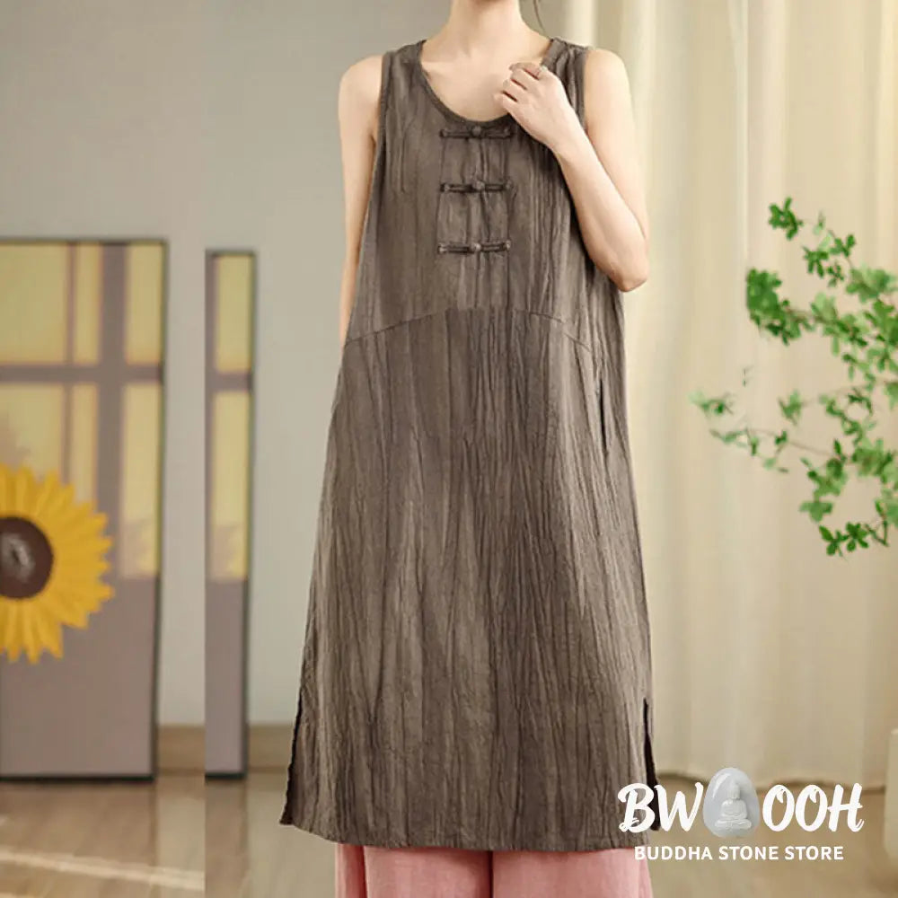 Buddha Stones Tie Dye Chinese Frog-Button Ramie Linen Sleeveless Midi Dress With Pockets - Midi Dress