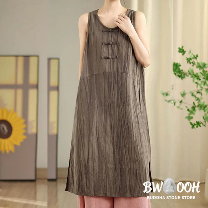 Buddha Stones Tie Dye Chinese Frog-Button Ramie Linen Sleeveless Midi Dress With Pockets - Midi Dress