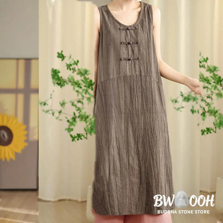 Buddha Stones Tie Dye Chinese Frog-Button Ramie Linen Sleeveless Midi Dress With Pockets - Midi Dress