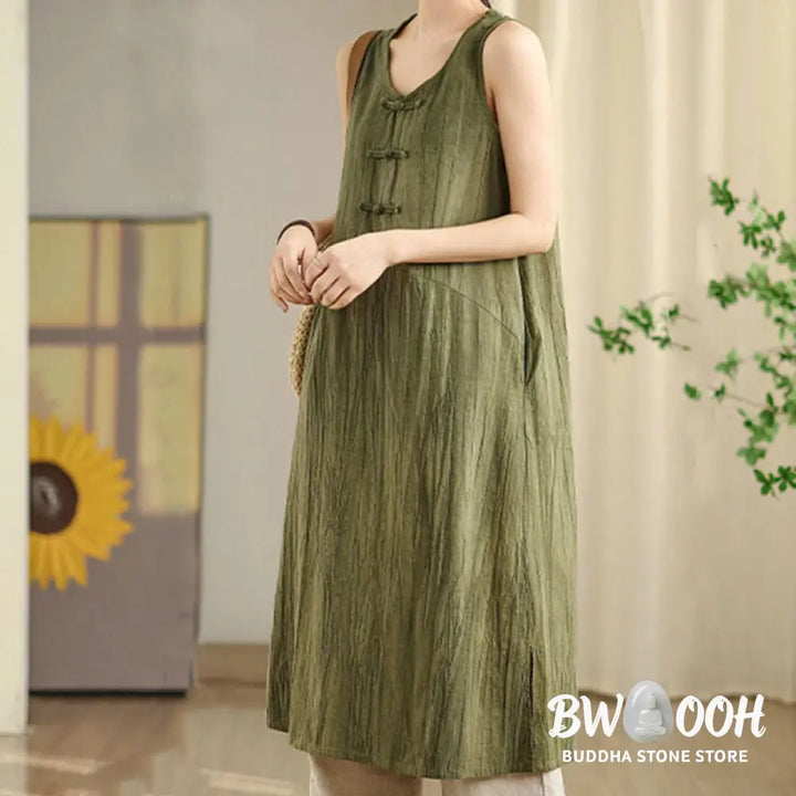Buddha Stones Tie Dye Chinese Frog-Button Ramie Linen Sleeveless Midi Dress With Pockets - Midi Dress