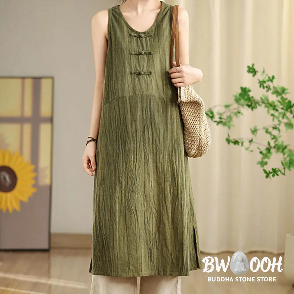 Buddha Stones Tie Dye Chinese Frog-Button Ramie Linen Sleeveless Midi Dress With Pockets - Midi Dress